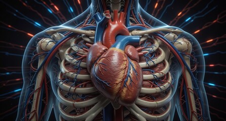 detailed anatomical illustration of human heart with visible vascular system and ribcage, medical background.