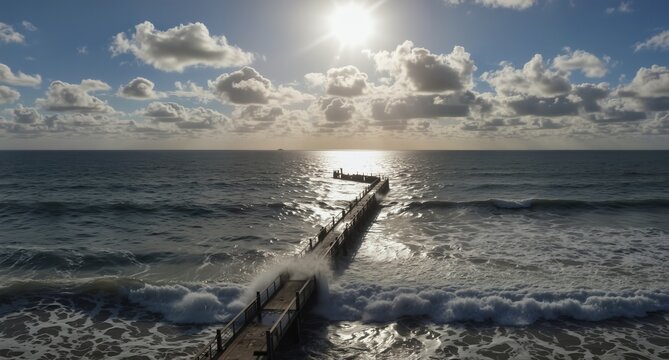 wave-swept wooden pier extending into a turbulent ocean under a dramatic cloudy sky at sunset