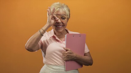 Elderly woman holds pink clipboard and makes ok sign over eye in bright orange studio backdrop; cheerful confidence.
