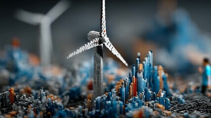 Miniature wind turbine among vibrant cityscape model - Powered by Adobe
