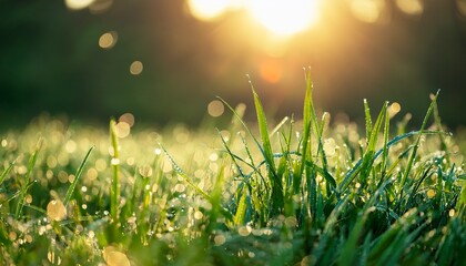 close up of green grass covered in dew with the sun shining brightly