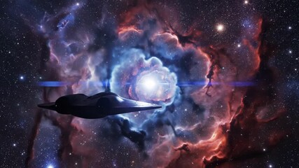 Futuristic spaceship flying towards a bright star inside a colorful nebula in deep space with lens flare effect - Powered by Adobe