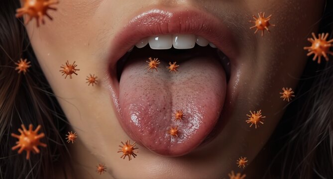 close-up of an open mouth with tongue surrounded by virus particles, representing illness and infection. - Powered by Adobe