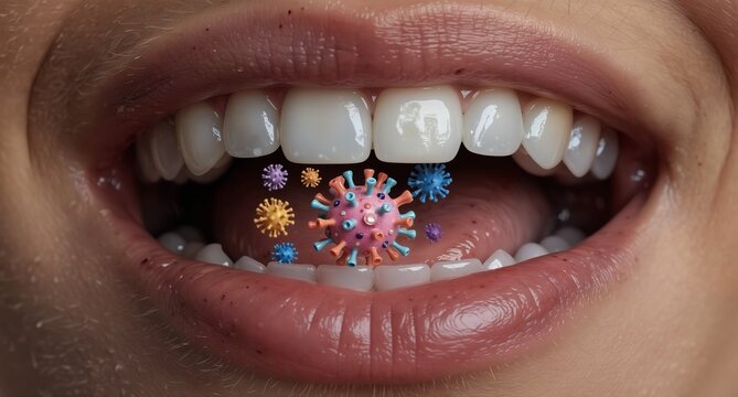 close-up of open mouth with colorful virus particles floating near teeth, representing illness and health concerns.