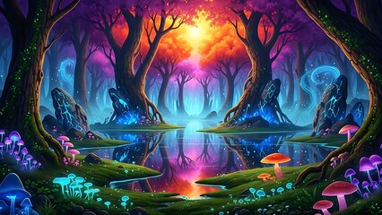 Fototapeta premium Magical enchanted forest landscape with glowing mushrooms and mystical trees reflecting in water