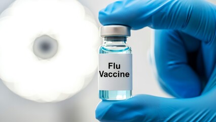 Flu vaccination with a gloved hand holding a small vial of vaccine