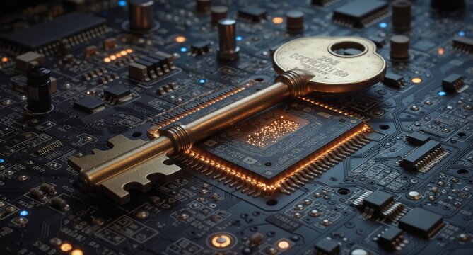 digital security concept with a vintage key resting on a glowing circuit board.