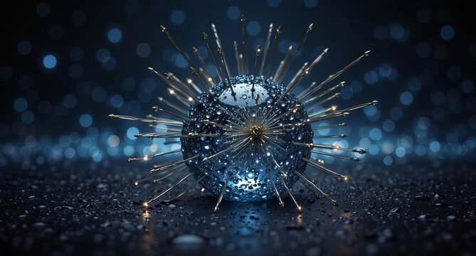 abstract iridescent sphere with golden spikes and water droplets on a dark bokeh background. - Powered by Adobe