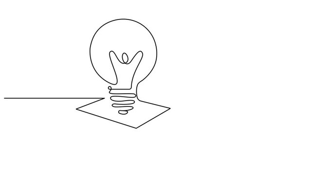 Light bulb above book continuous one line art drawing animated video. School education concept motion graphic. Line drawing open book with lamp idea symbol animation. 4k video