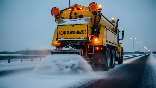 Winter road maintenance: A yellow truck spreads salt on a snowy highway at dusk, ensuring safe travel for drivers,Road maintenance truck spreading deicing salt on a wintry highway during early evening