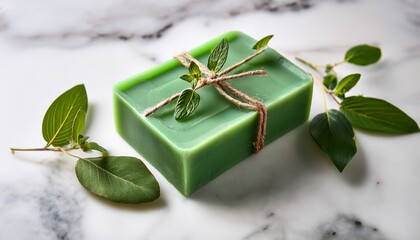 green handmade soap bar with mint and eucalyptus on marble background natural bath product with refreshing ingredients