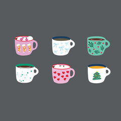 Trendy Christmas coffee shop mug set with pastel colors, car with tree, candy canes, snow globe and cute cozy details. Perfect vector set for branding, stickers, packaging and festive projects.