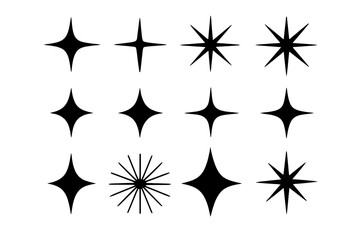 Various star shapes in black silhouette against a white background showcasing different designs and styles