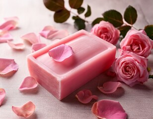 handmade artisan pink soap bar with rose petal decoration natural organic skincare product bath and body care concept