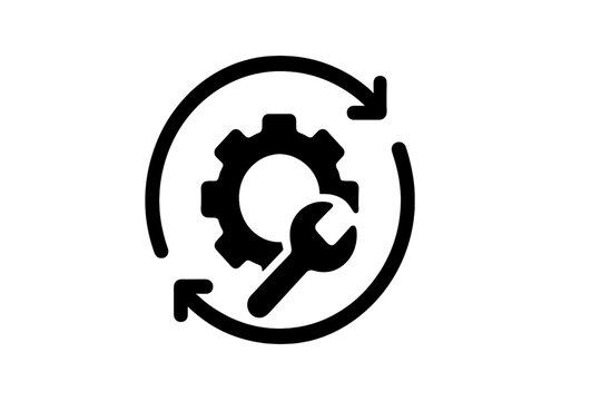 Symbol for maintenance and repair with gears and tools signifying ongoing support and improvement
