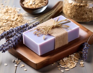 handmade artisanal botanical soap bar with lavender and oat flakes natural bath product for organic beauty and skin care