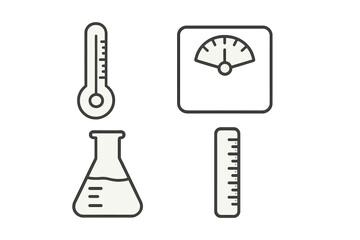 Instruments for scientific measurements including thermometer, scale, beaker, and ruler on a plain background
