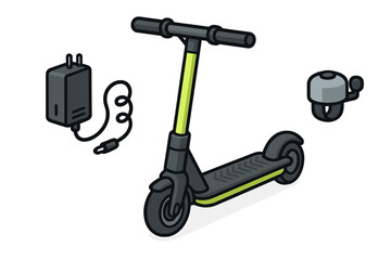 Electric scooter with charger and bell available for urban commuting and leisure rides in modern settings