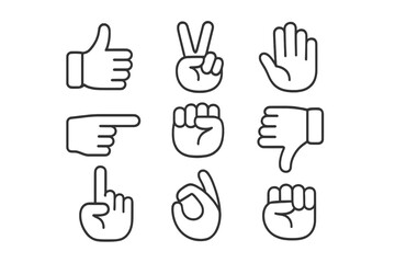 Different hand gestures displayed in simple outline style on a white background for communication