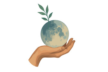 Holding a planet with a sprouting plant symbolizes environmental care and hope for a sustainable future