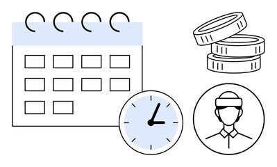 Calendar with clock, stack of coins, and profile symbolizing planning, saving, scheduling, and earning. Ideal for time management, productivity, payroll strategy finance work-life simple flat