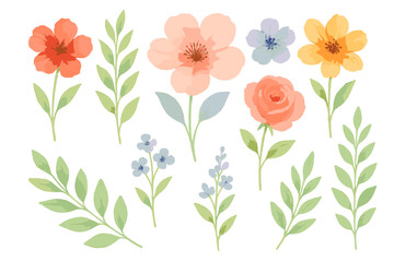 Colorful watercolor flowers and leaves arranged in a delicate pattern on a white background suitable for various designs