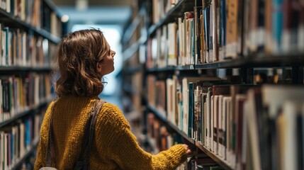 Young woman exploring a library shelf for new books and discovering stories