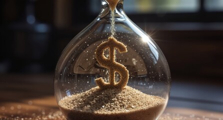 time is money concept with a dollar sign formed from sand inside an hourglass.