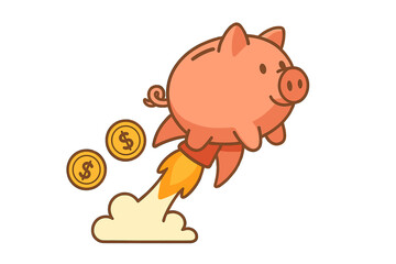 Piggy bank launching into space with coins during a playful financial adventure