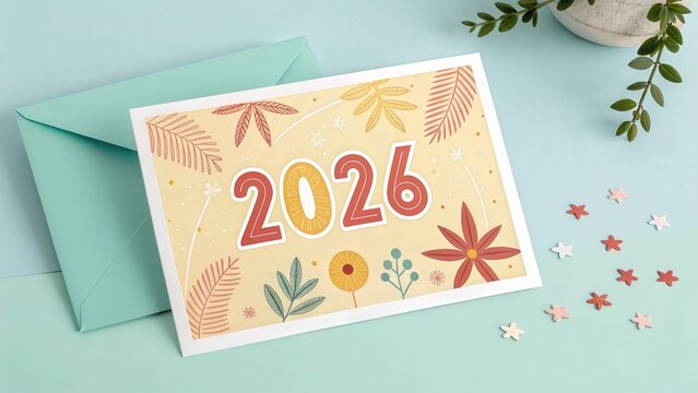 Greeting card mockup with 2026 text on simple pastel background