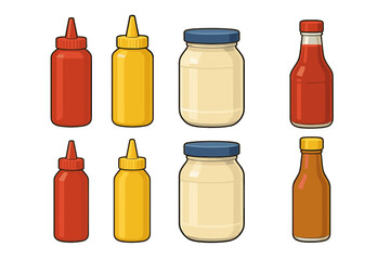 Different types of condiments arranged on a flat surface with various colors and packaging styles