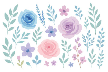 Beautiful watercolor floral arrangement with blue, pink, and purple flowers and green leaves on a white background