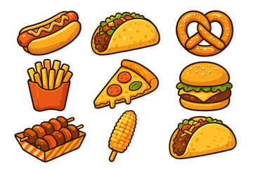 Variety of popular fast food items displayed in a colorful and fun style perfect for a food festival or fair