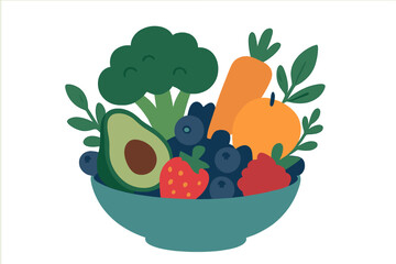 Colorful fruit and vegetable bowl with avocados, berries, and greens on a white background