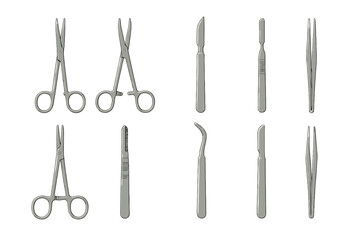 Variety of surgical tools displayed in a neat arrangement on a plain background for medical use