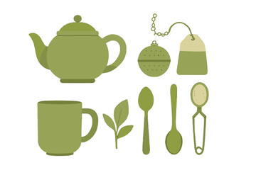 Green tea set with teapot, cup, and accessories arranged for a calming tea experience at home