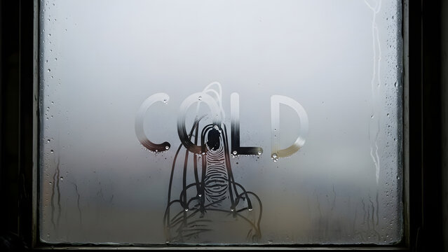The word COLD written on a steamy window, creating a chilly atmosphere and a wintry scene, A frosty message on a condensation-covered window pane, hinting at the freezing temperatures outside