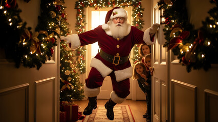 Comical moment of Santa startled, kids visible only as silhouettes.