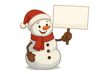 Snowman in a Santa hat holding a blank sign, ready for festive messages during winter celebrations