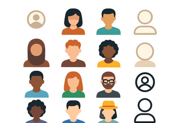 Diverse group of cartoon characters representing different ethnicities and styles in a grid layout on a plain background