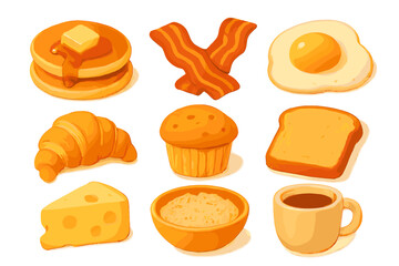 Breakfast foods including pancakes, bacon, croissants, and coffee in a colorful, illustrated style