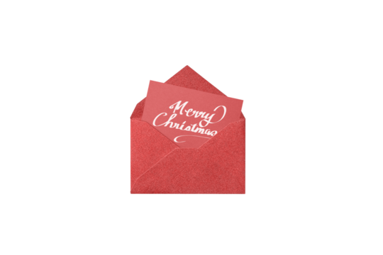 white handwritten Christmas card from a red glitter envelope, overhead view	