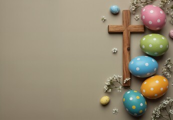 easter religious background with colorful polka dot eggs and wooden cross with space for text.