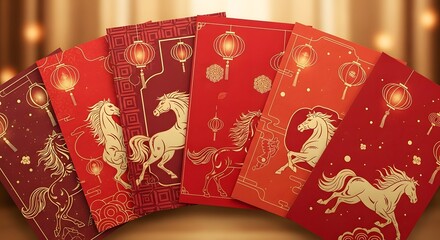 A fan of red envelopes adorned with intricate gold designs, including galloping horses and traditional patterns. Perfect for Lunar New Year gifting and symbolizing good fortune.