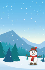 Vector Illustration of a Cute Snowman Winter Portrait with Mountains, Snowfall, Pine Trees, and Holiday Season Mood