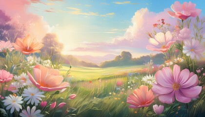 serene pastel floral meadow an exquisite painting of delicate blooms and soft hues evoking a sense of calm and tranquility