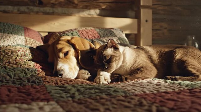 A beagle and a Siamese cat sleep cuddled together on a patchwork quilt, sunny light