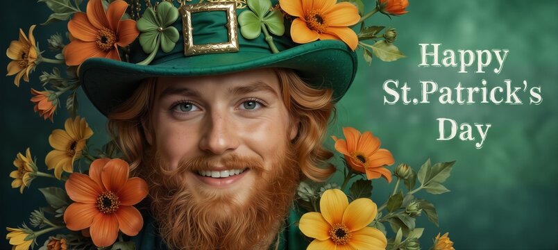 handsome redhead man with a beard wearing a st patrick's day hat surrounded by orange flowers on a green background