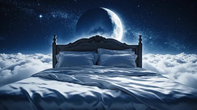 A bed floats in dreamscape, moon overhead, amidst clouds and stars, peaceful and surreal