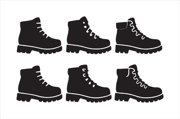 Black hiking boots in various poses a collection of silhouette designs